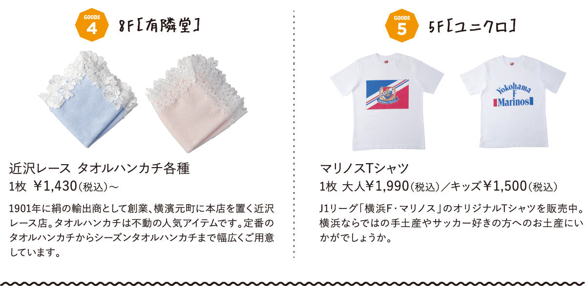 8F［有隣堂］近沢レース タオルハンカチ各種 1枚 ￥1,430（税込）〜1901年に絹の輸出商として創業、横濱元町に本店を置く近沢レース店。タオルハンカチは不動の人気アイテムです。定番のタオルハンカチからシーズンタオルハンカチまで幅広くご用意しています。5F［ユニクロ］マリノスTシャツ 1枚 大人￥1,990（税込）／キッズ￥1,500（税込）J1リーグ「横浜F・マリノス」のオリジナルTシャツを販売中。横浜ならではの手土産やサッカー好きの方へのお土産にいかがでしょうか。