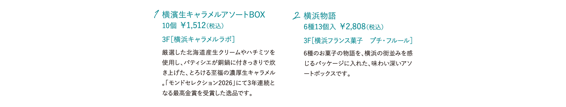 横濱生キャラメルアソートBOX 10個 ￥1,512（税込）厳選した北海道産生クリームやハチミツを使用し、パティシエが銅鍋に付きっきりで炊き上げた、とろける至福の濃厚生キャラメル。「モンドセレクション2026」にて3年連続となる最高金賞を受賞した逸品です。3F［横浜キャラメルラボ］ 横浜物語 6種13個入 ￥2,808（税込）6種のお菓子の物語を、横浜の街並みを感じるパッケージに入れた、味わい深いアソートボックスです。 3F［横浜フランス菓子　プチ・フルール］