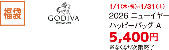 福袋 GODIVA 1/1（木・祝）~1/31（土） 2026 ニューイヤー ハッピーバッグ A 5,400円※なくなり次第終了