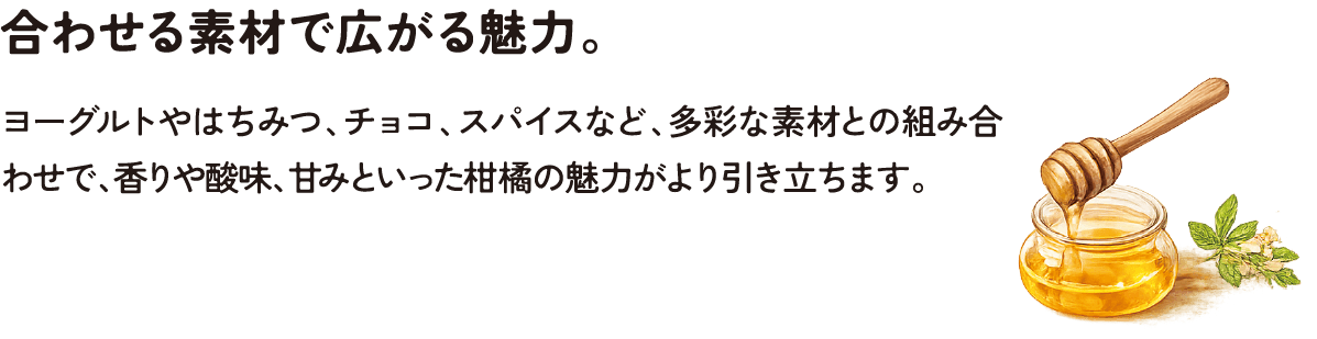 合わせる素材で広がる魅力。ヨーグルトやはちみつ、チョコ、スパイスなど、多彩な素材との組み合わせで、香りや酸味、甘みといった柑橘の魅力がより引き立ちます。