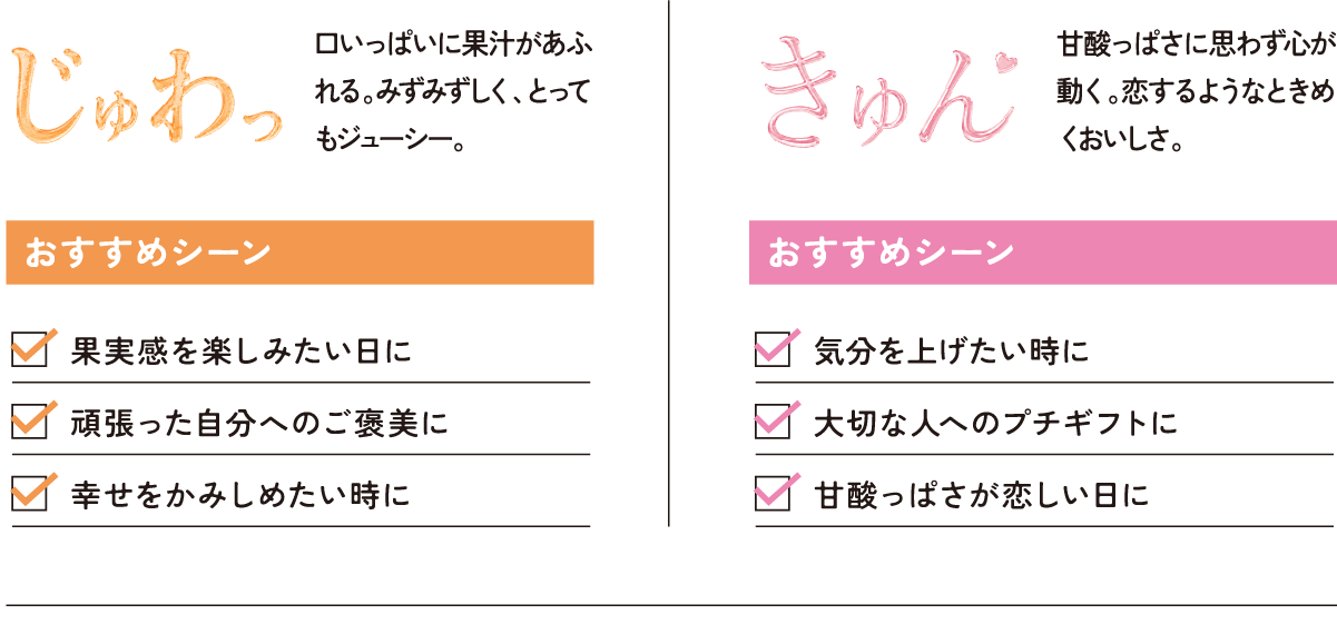 
							じゅわっ 口いっぱいに果汁があふれる。みずみずしく、とってもジューシー。おすすめシーン 果実感を楽しみたい日に 頑張った自分へのご褒美に 幸せをかみしめたい時に
							きゅん 甘酸っぱさに思わず心が動く。恋するようなときめくおいしさ。おすすめシーン 気分を上げたい時に 大切な人へのプチギフトに 甘酸っぱさが恋しい日に